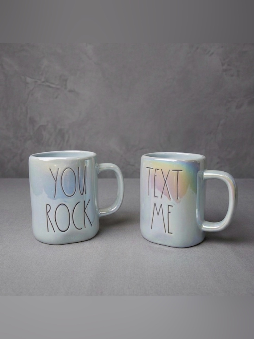 Rae Dunn 2 Mug Set “You Rock” and “Text Me” Iridescent Light Blue Ceramic NIB